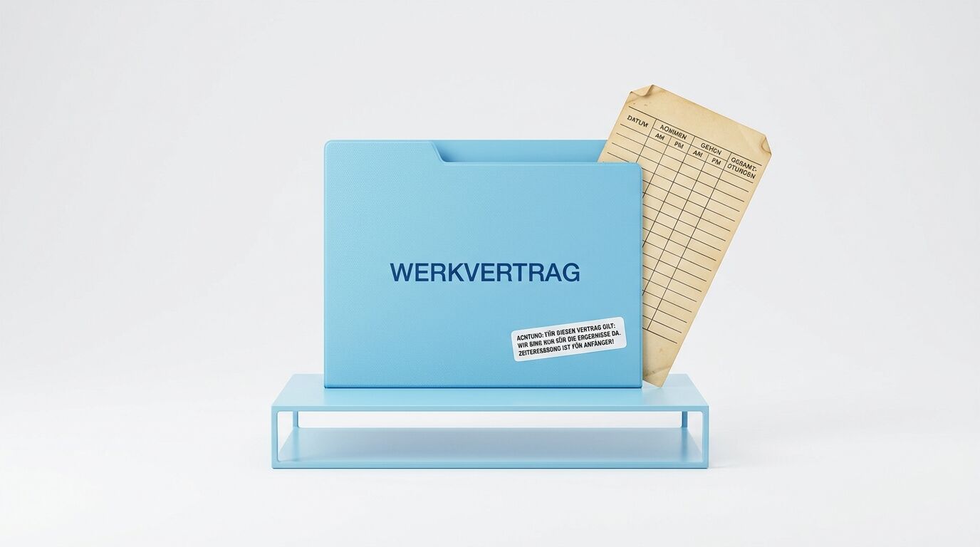 Blauer Dokumentenhalter mit "WERKVERTRAG"-Aufschrift und eingestecktem Zeiterfassungsformular auf hellgrauem Hintergrund