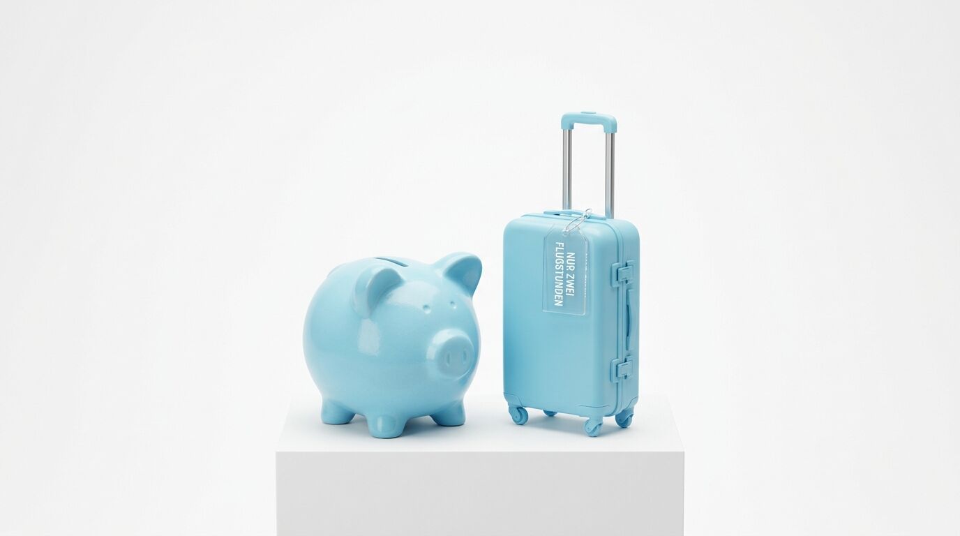 Hellblaues Sparschwein neben einem Reisekoffer mit Griff auf weißem Podest vor grauem Hintergrund