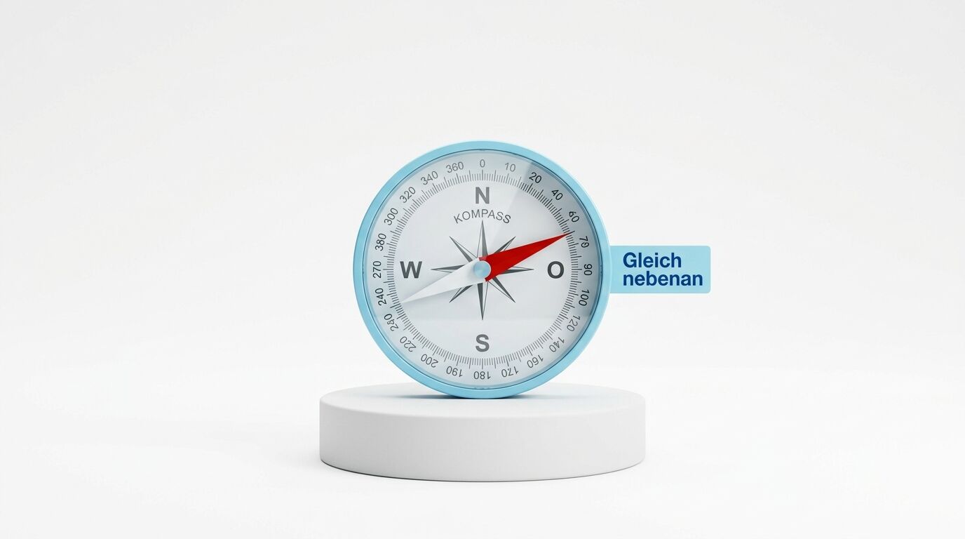Ein blauer Kompass auf weißem Podest zeigt Nordrichtung. Beschriftung "Gleich nebenan" auf hellblauem Banner