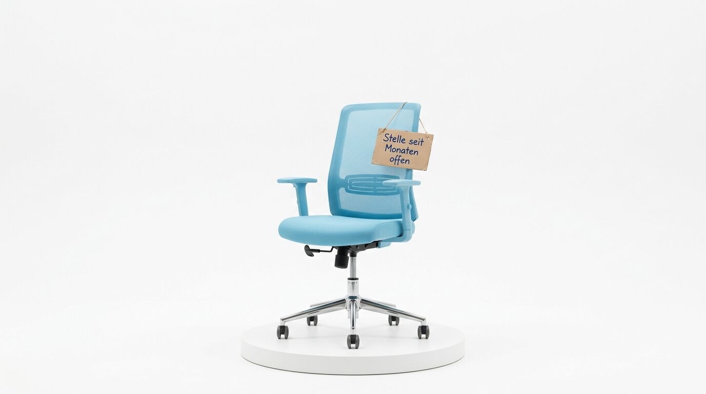 Blauer Bürostuhl mit Netzrückenlehne auf weißem Podest. Ein Schild mit der Aufschrift "Stelle seit Monaten offen" hängt am Stuhl