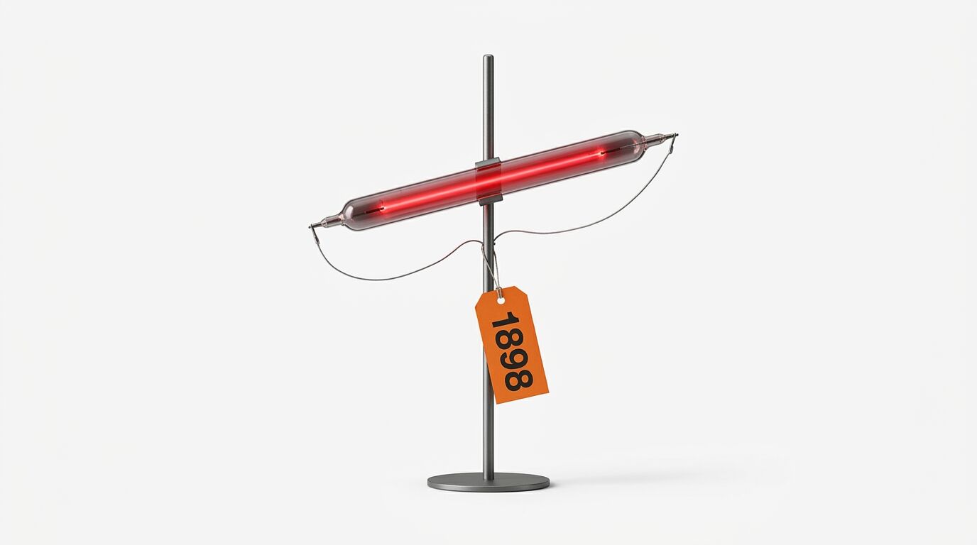 Eine beleuchtete rote Geißlerröhre auf einem Stativ mit einem orangefarbenen Etikett „1898“