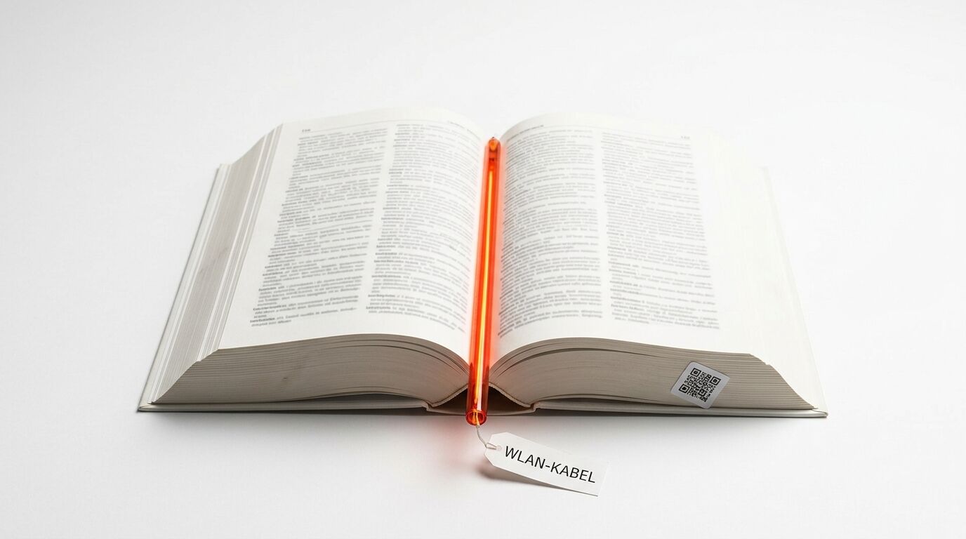 Ein offenes Buch mit einem orangefarbenen Stift und einem „WLAN-KABEL“-Tag auf weißem Grund