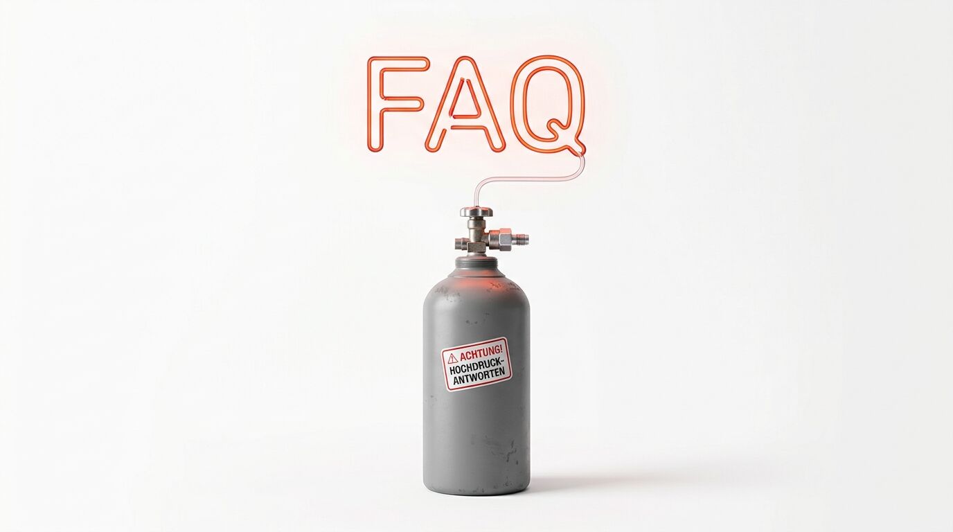 Gasflasche mit Warnaufkleber, verbunden mit einer leuchtenden „FAQ“-Neonröhre