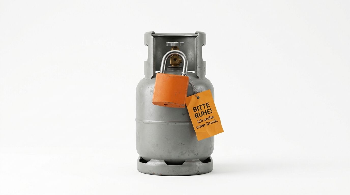 Graue Gasflasche mit Vorhängeschloss und einem Hinweisschild