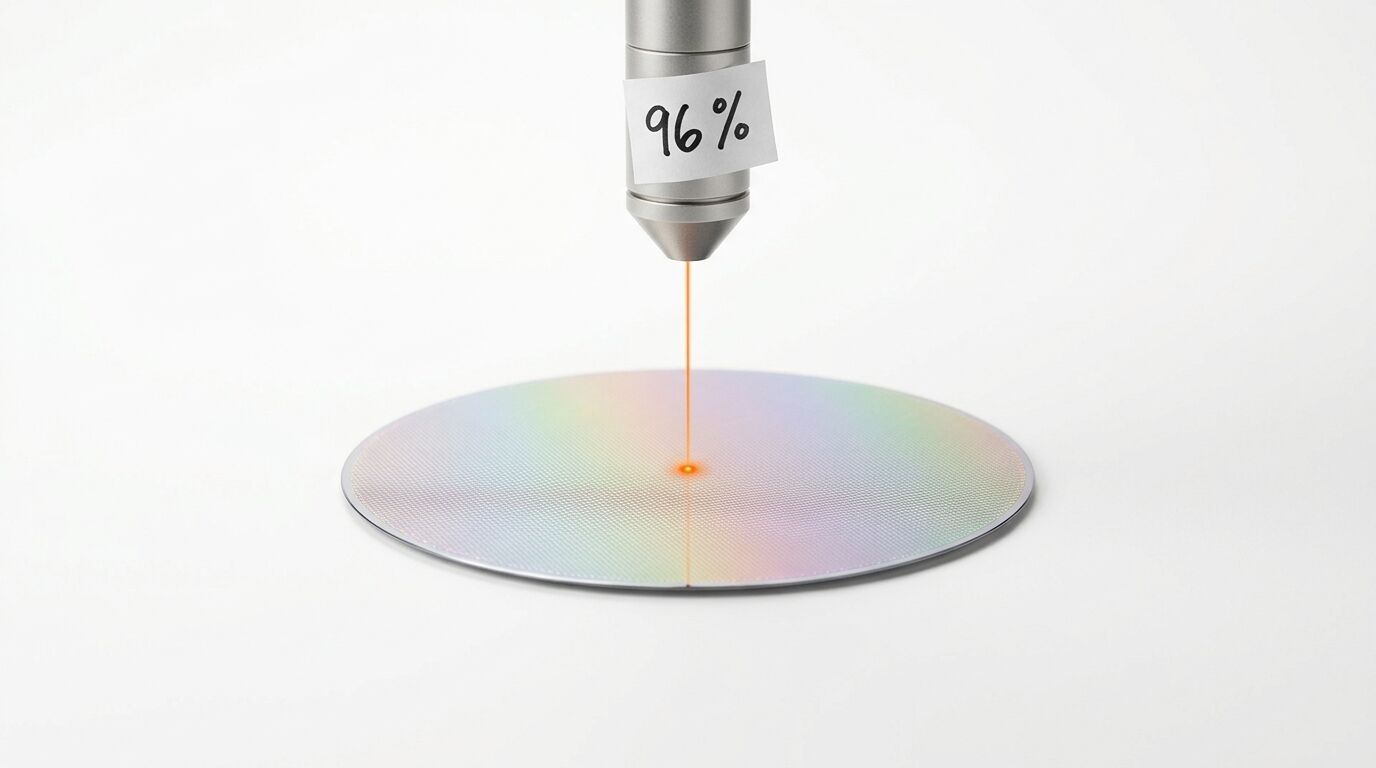 Laserdüse mit Aufkleber „96 %“ über schillerndem Silizium-Wafer auf weißem Hintergrund