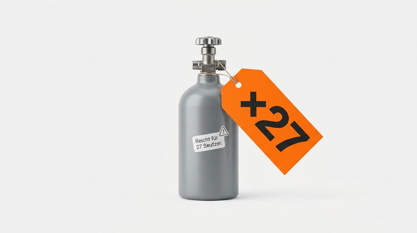 Kleine graue Gasflasche mit Aufkleber „27 Seufzer“ und orangefarbenem „x27“-Anhänger
