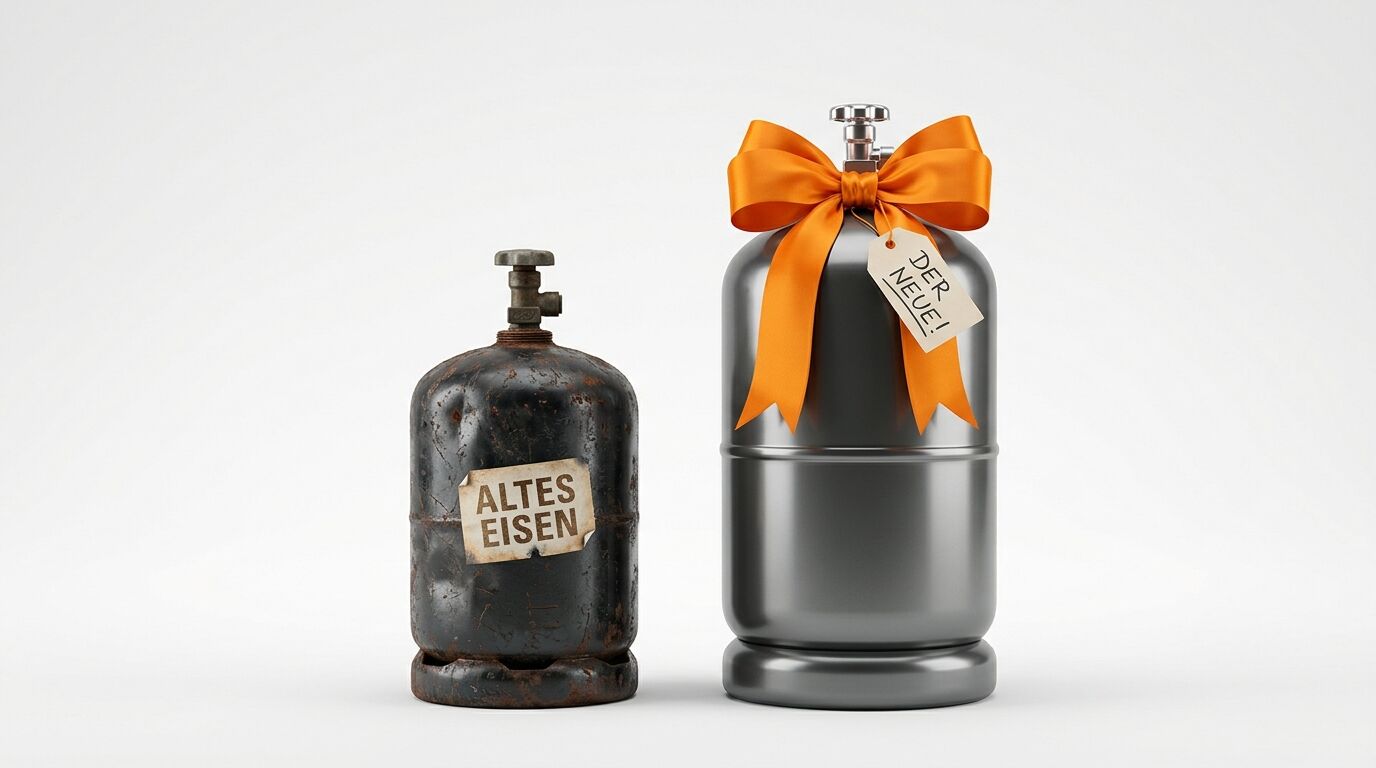 Alte, verrostete Gasflasche neben neuer, glänzender Gasflasche mit Geschenkschleife vor Weiß