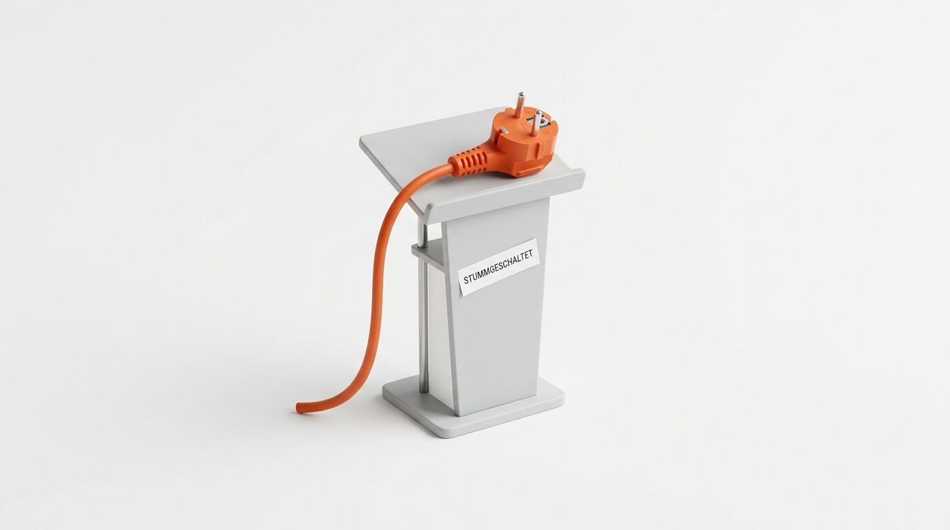 Pultmodell mit Stecker und dem Wort „STUMMGESCHALTET“ auf weißem Grund