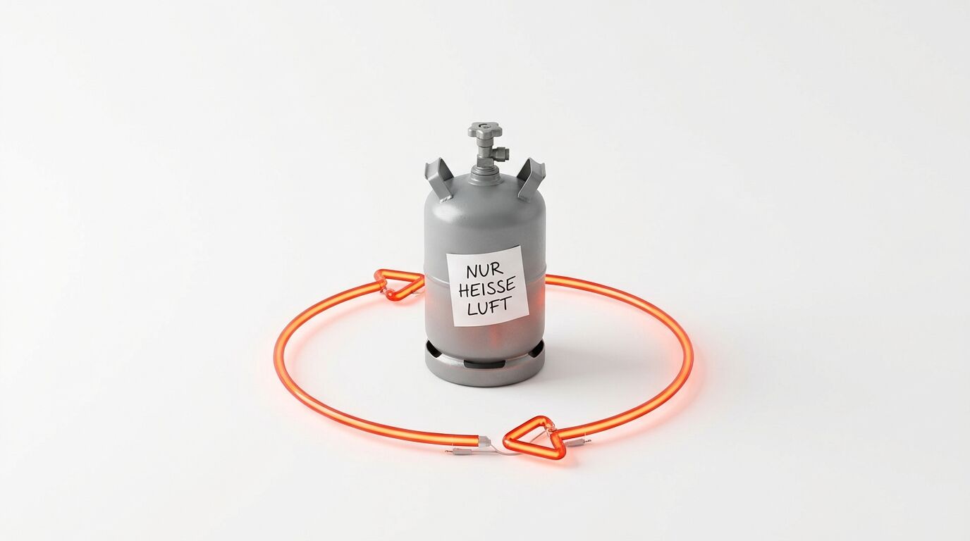 Gasflasche mit Zettel „NUR HEISSE LUFT“, umgeben von orange leuchtender Neon-Pfeilschleife