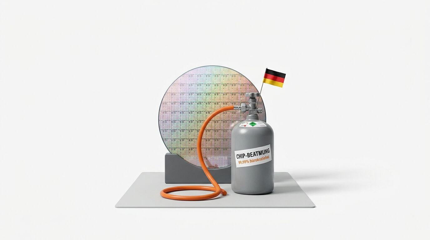 Wafer in Halterung, Gasflasche mit Aufschrift und Schlauch, Deutschlandfahne auf weiß