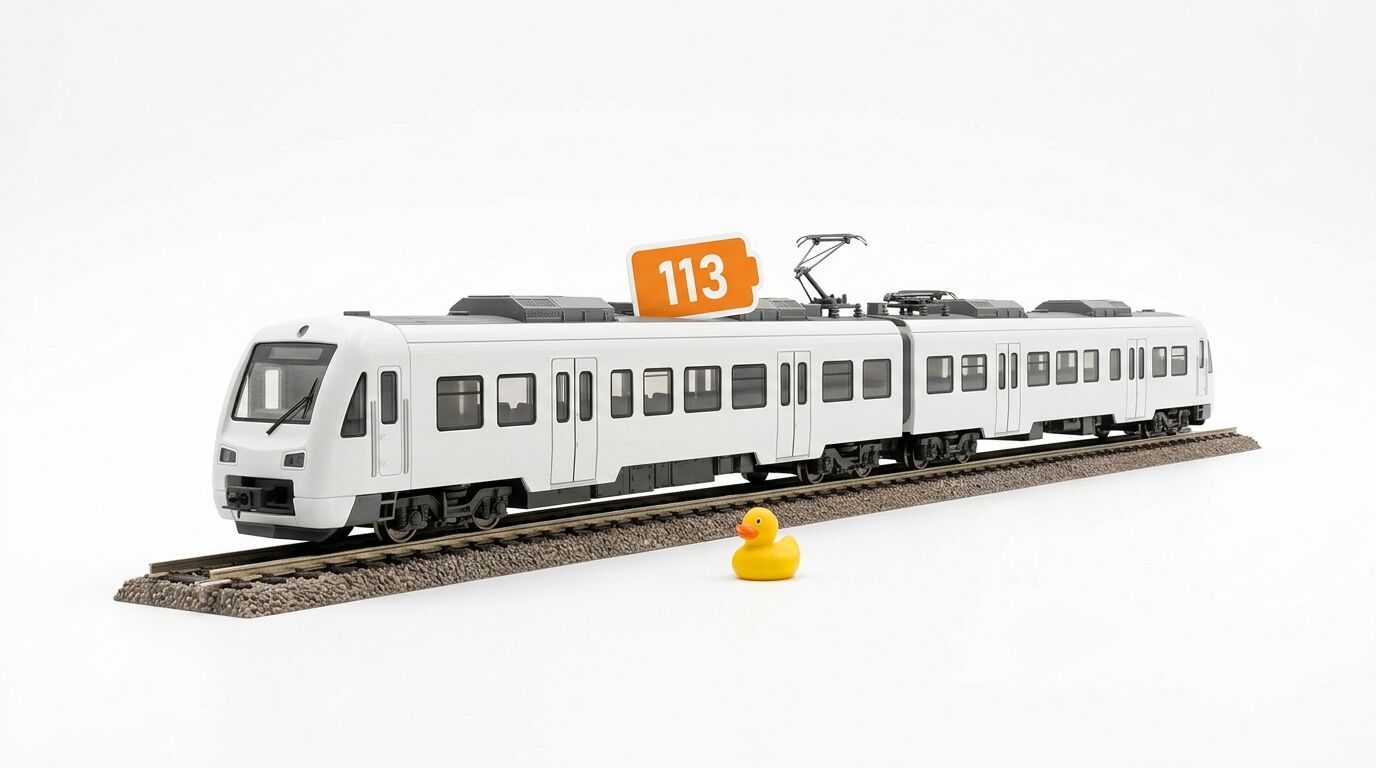 Modellzug mit Ladeanzeige 113 % auf dem Dach neben Quietscheente auf Schienen