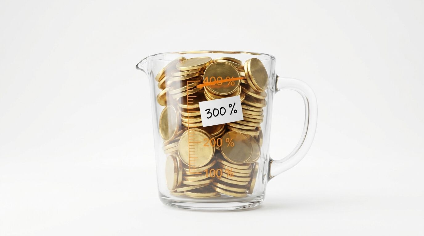 Messbecher mit Goldmünzen gefüllt, über 100% Markierung, „300%“ Zettel