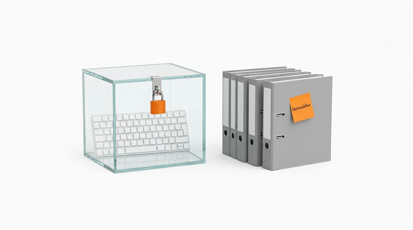 Tastatur im Glaskasten mit Vorhängeschloss und ein Stapel Ordner daneben