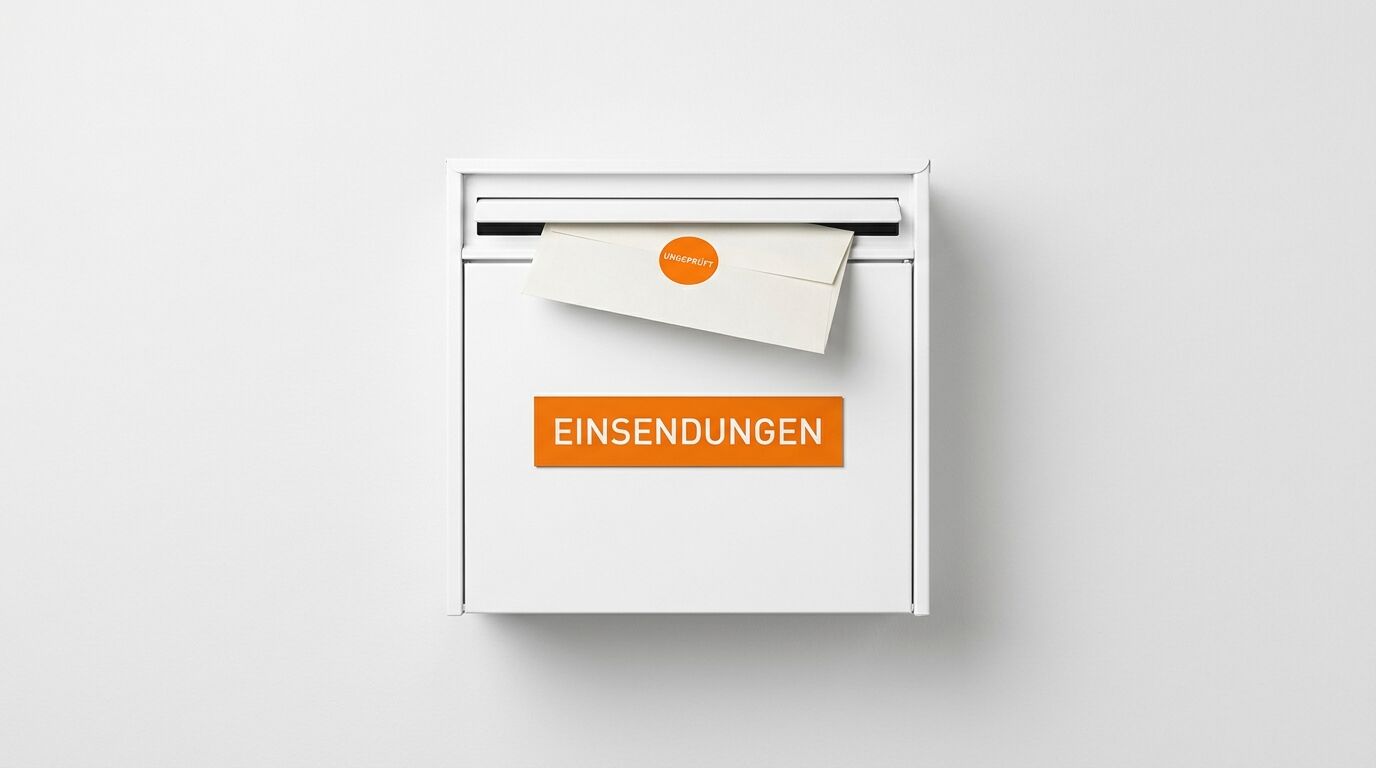 Weißer Briefkasten mit dem Text EINSENDUNGEN, in dem ein Brief steckt