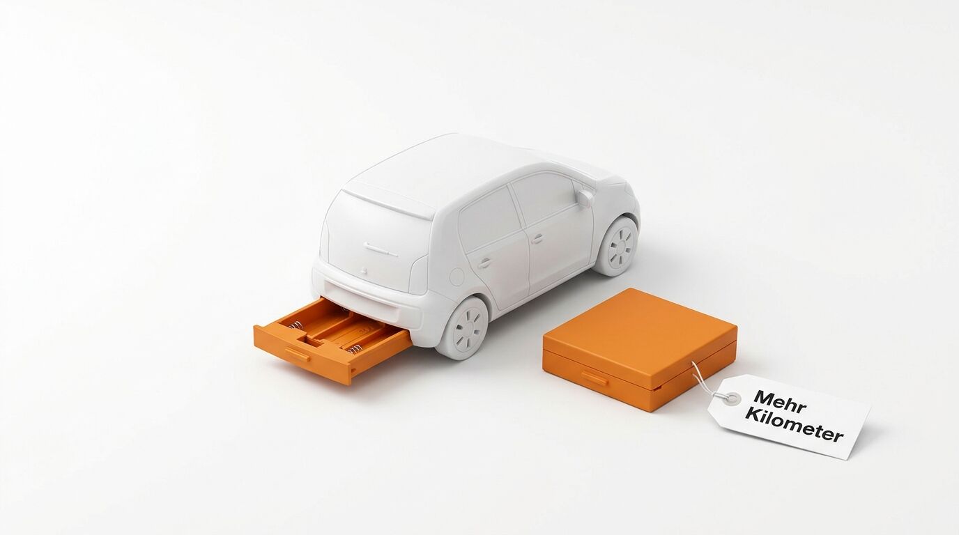 Ein weißes Modellauto mit offenem Batteriefach, einem orangefarbenen Modul und einem Etikett