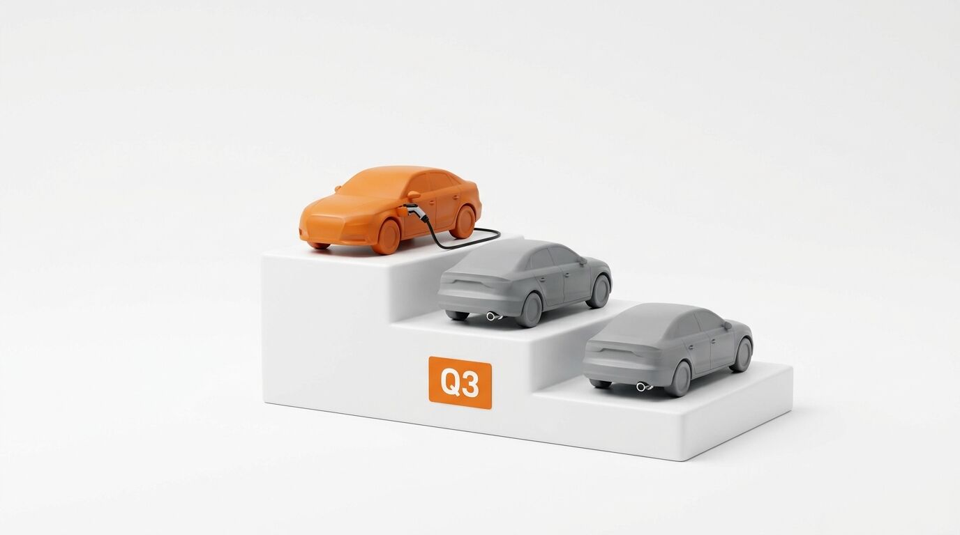 Oranges E-Auto auf Platz eins, zwei graue Verbrenner, Q3-Label auf Podest