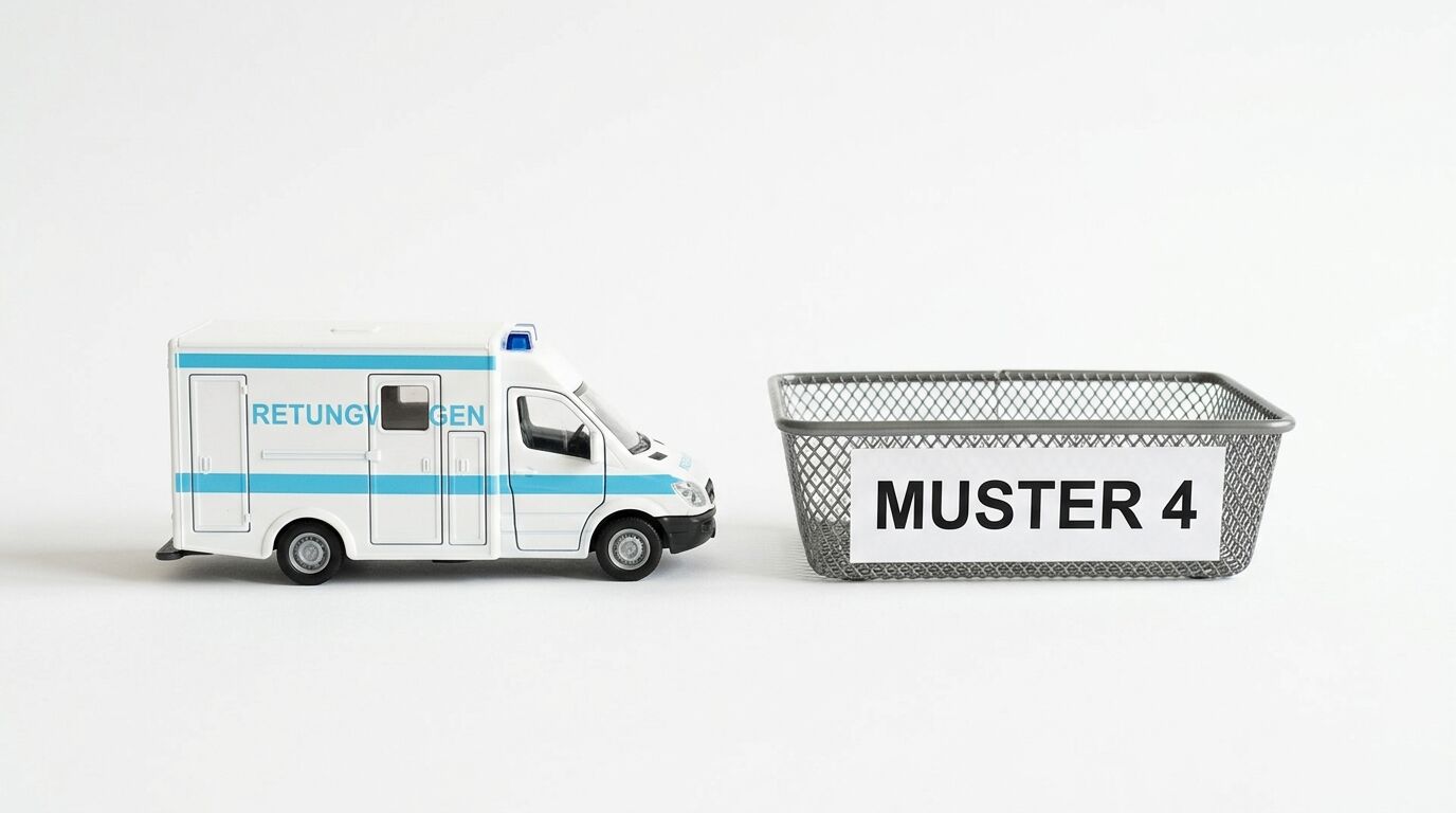 Ein weißer Spielzeug-Rettungswagen und ein Metallgitter-Korb mit einem Schild, das „MUSTER 4“ liest