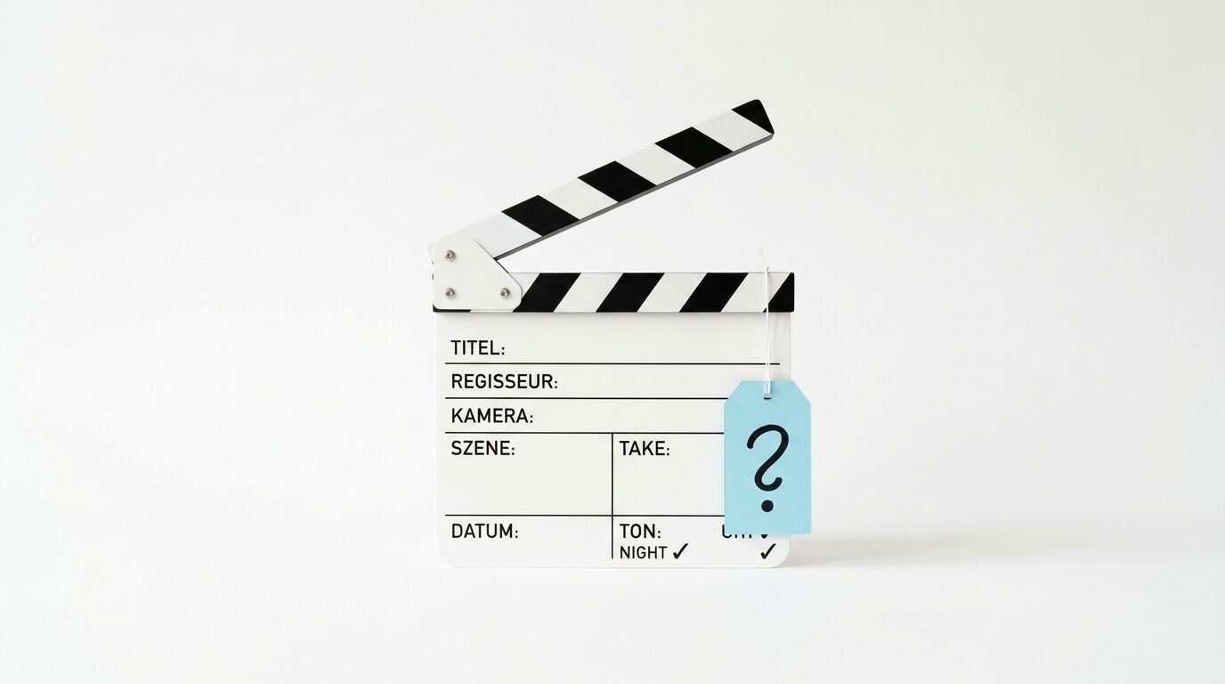 Weiße Filmklappe vor weißem Hintergrund mit blauem Anhänger und Fragezeichen