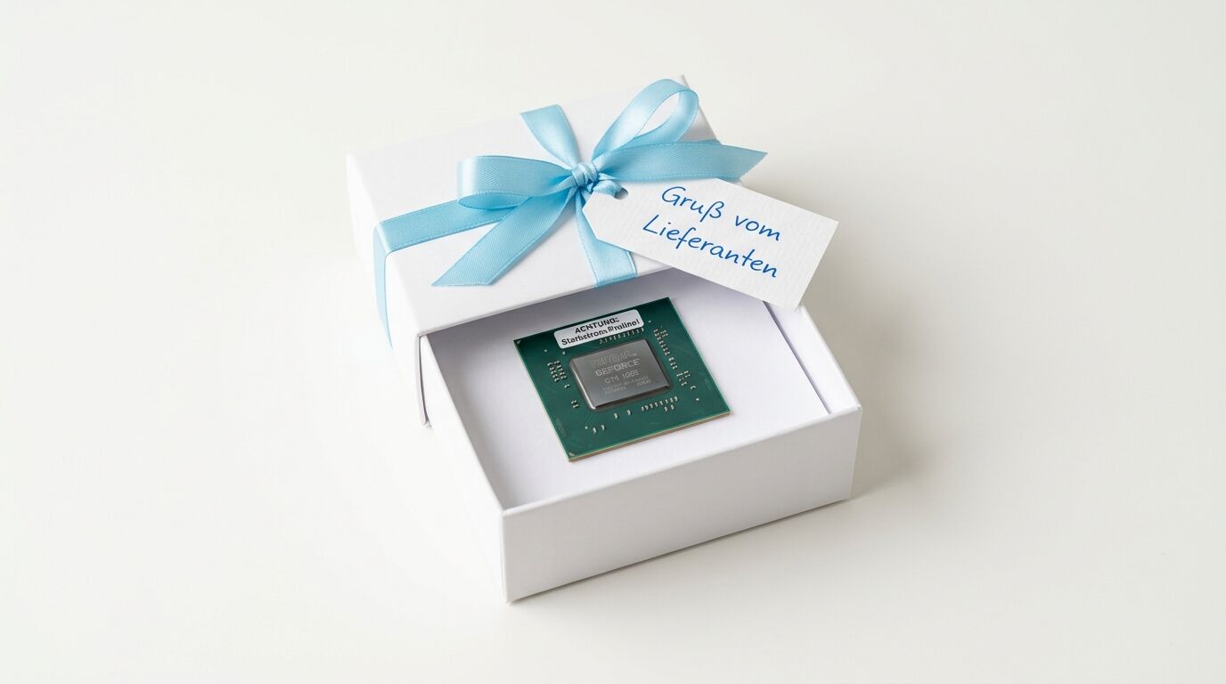 Geöffnete Geschenkbox mit Grafikprozessor, blauer Schleife und Kärtchen 