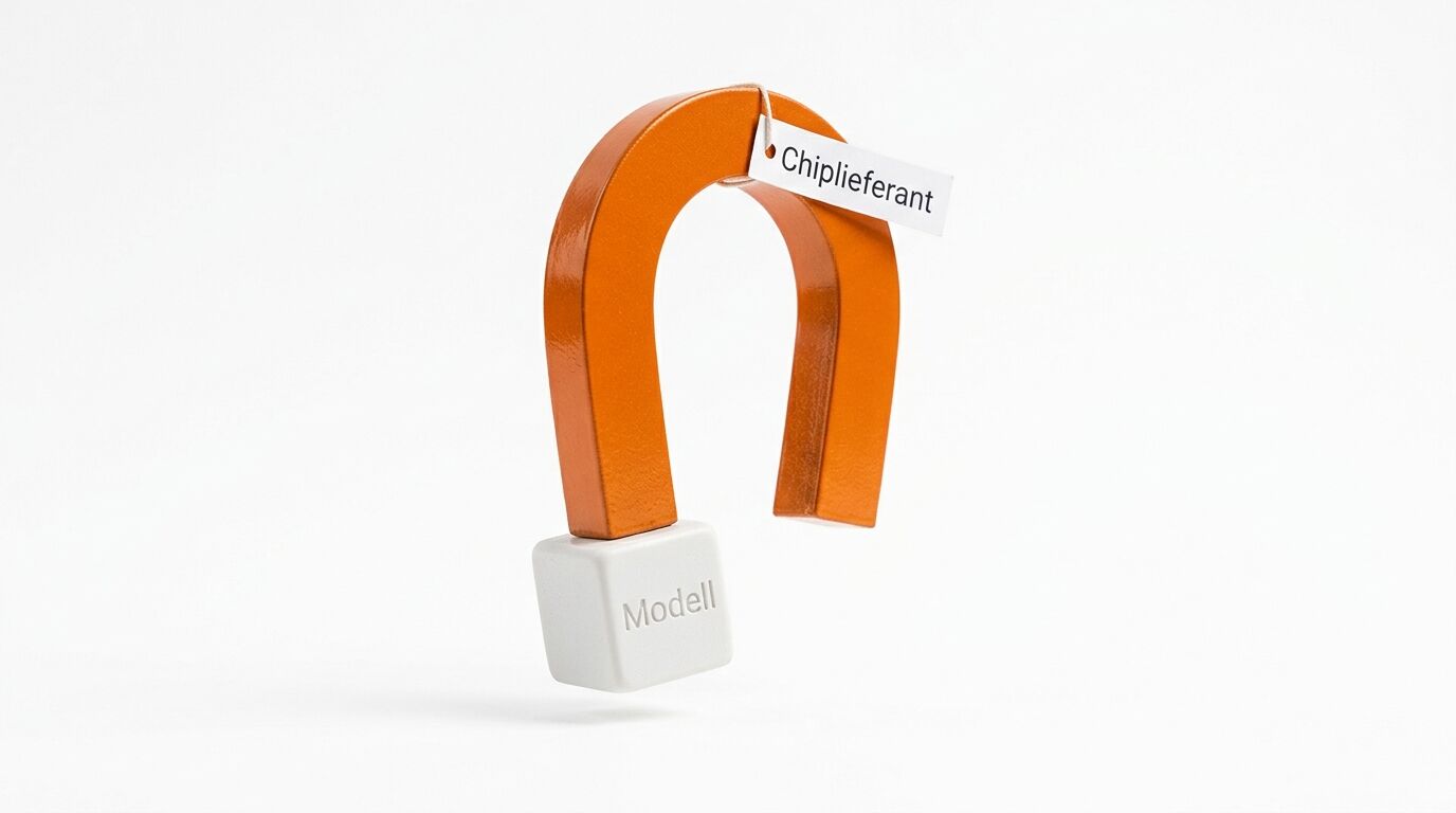 Oranger Magnet zieht einen grauen Würfel an. Tags: 'Chiplieferant' und 'Modell'