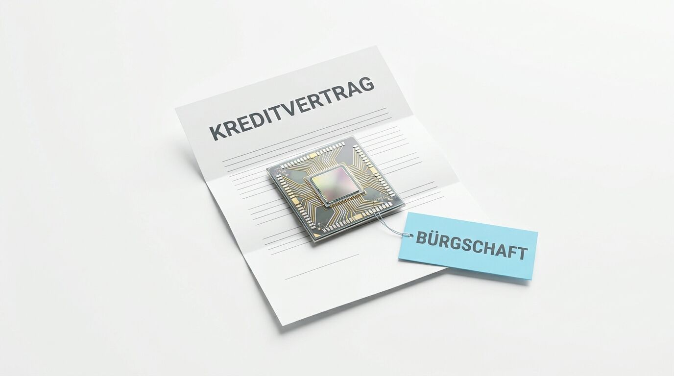 Kreditvertrag, Prozessorchip, Bürgschaftsetikett auf Weiß
