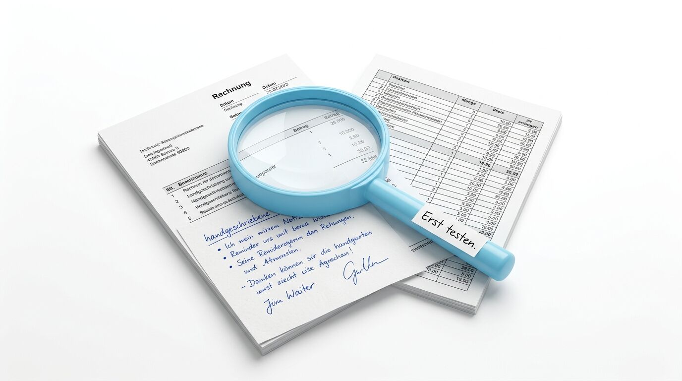 Lupe über Rechnungen und handschriftlichen Notizen auf Dokumenten, die Finanzprüfung symbolisiert