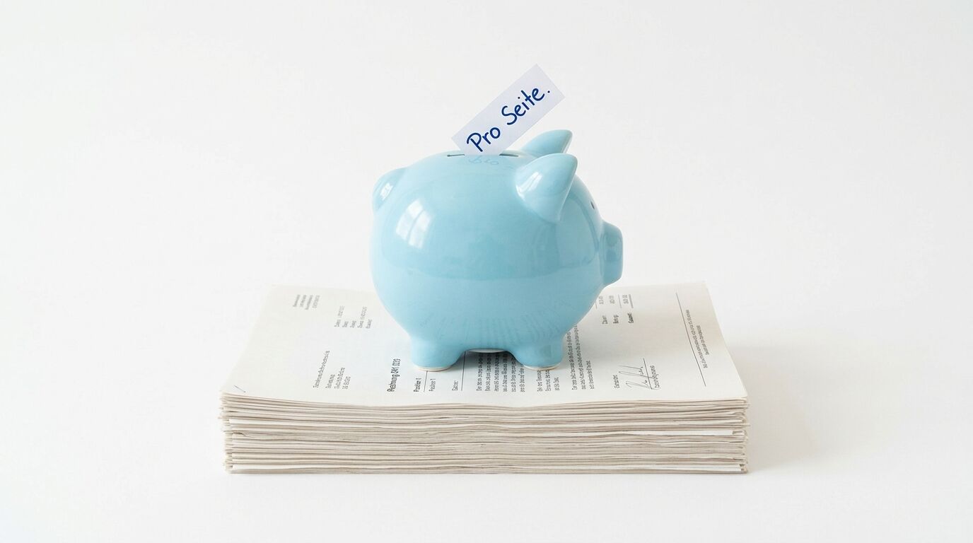 Ein hellblaues Sparschwein mit der Aufschrift "Pro Selle" steht auf einem Stapel von Finanzberichten oder Rechnungen gegen weißen Hintergrund