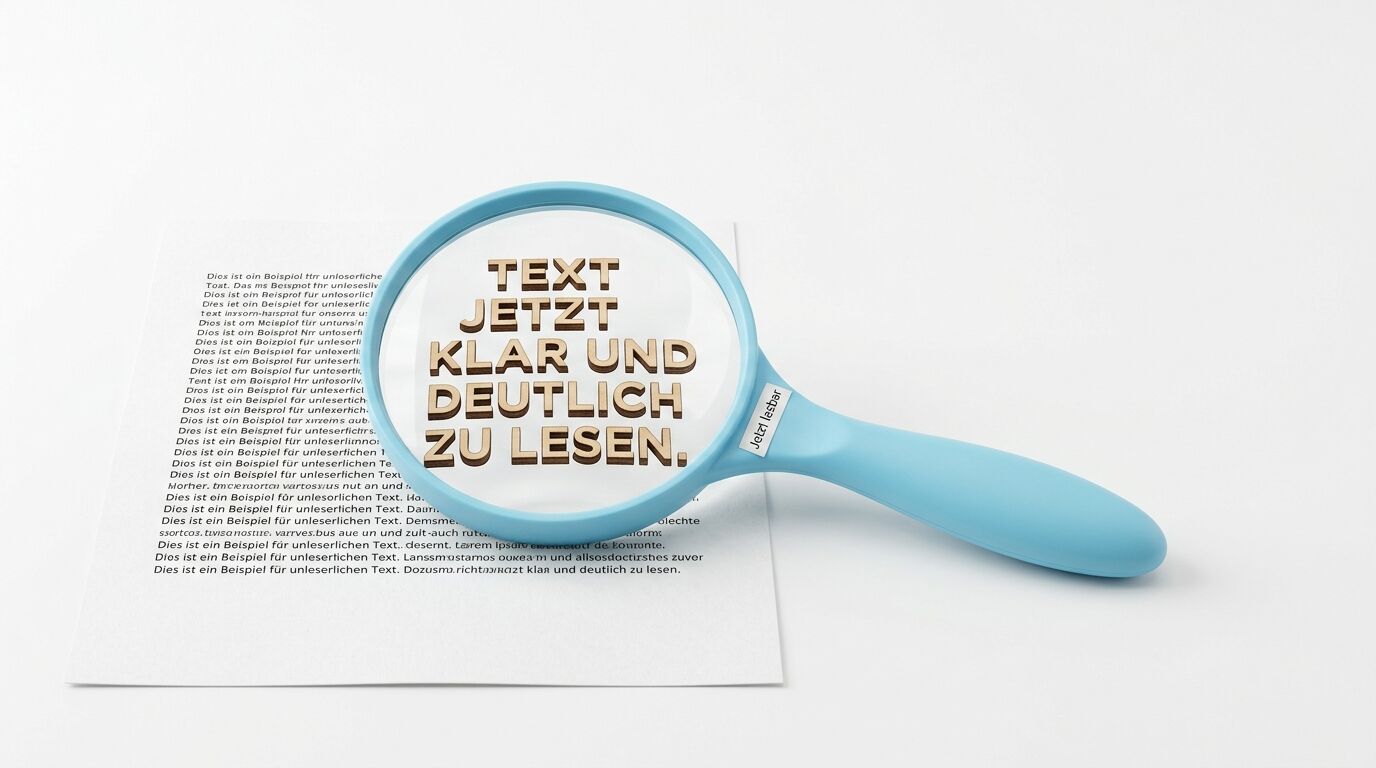 Eine blaue Lupe vergrößert den Text "TEXT JETZT KLAR UND DEUTLICH ZU LESEN" auf einem Dokument mit deutschem Beispieltext