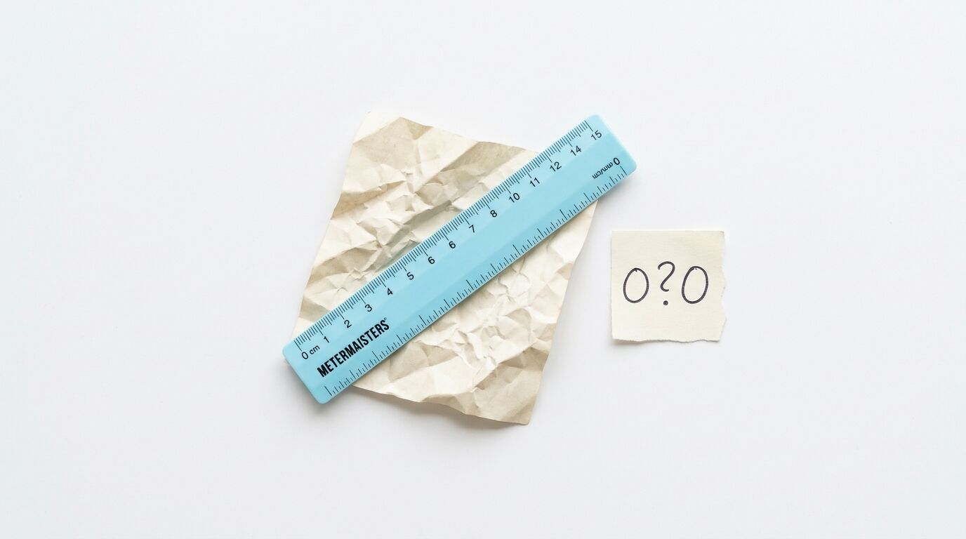Ein Zollstock liegt auf zerknittertem Papier neben einer Notiz mit "0?0"