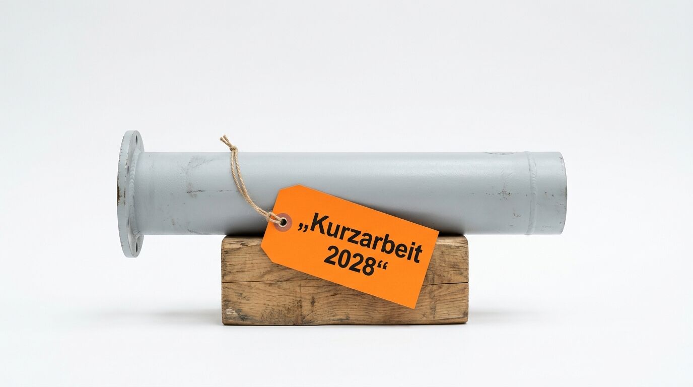 Metallrohr auf Holzklotz mit Anhänger „Kurzarbeit 2028“ vor weißem Hintergrund