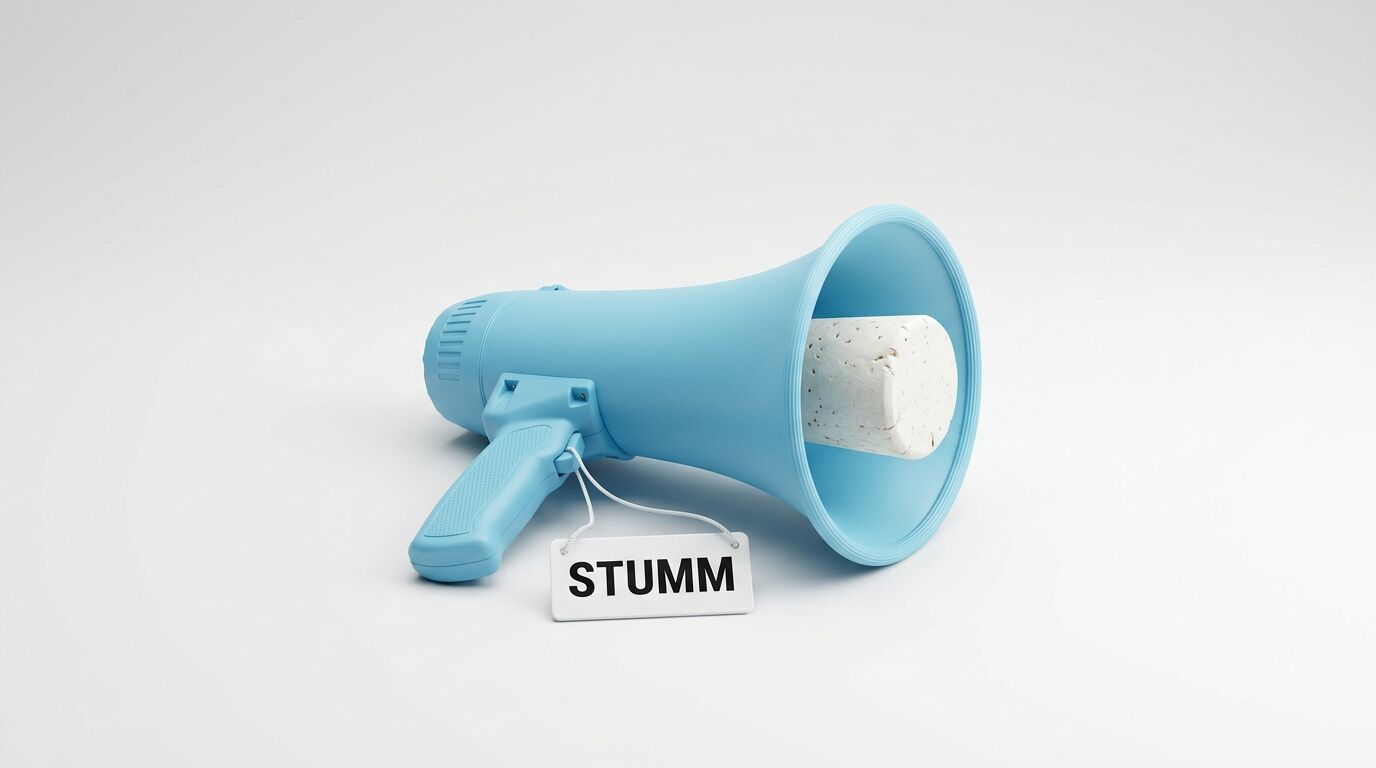 Ein hellblaues Megafon auf weißem Hintergrund mit einem Korken im Trichter und einem Schild mit der Aufschrift „STUMM“