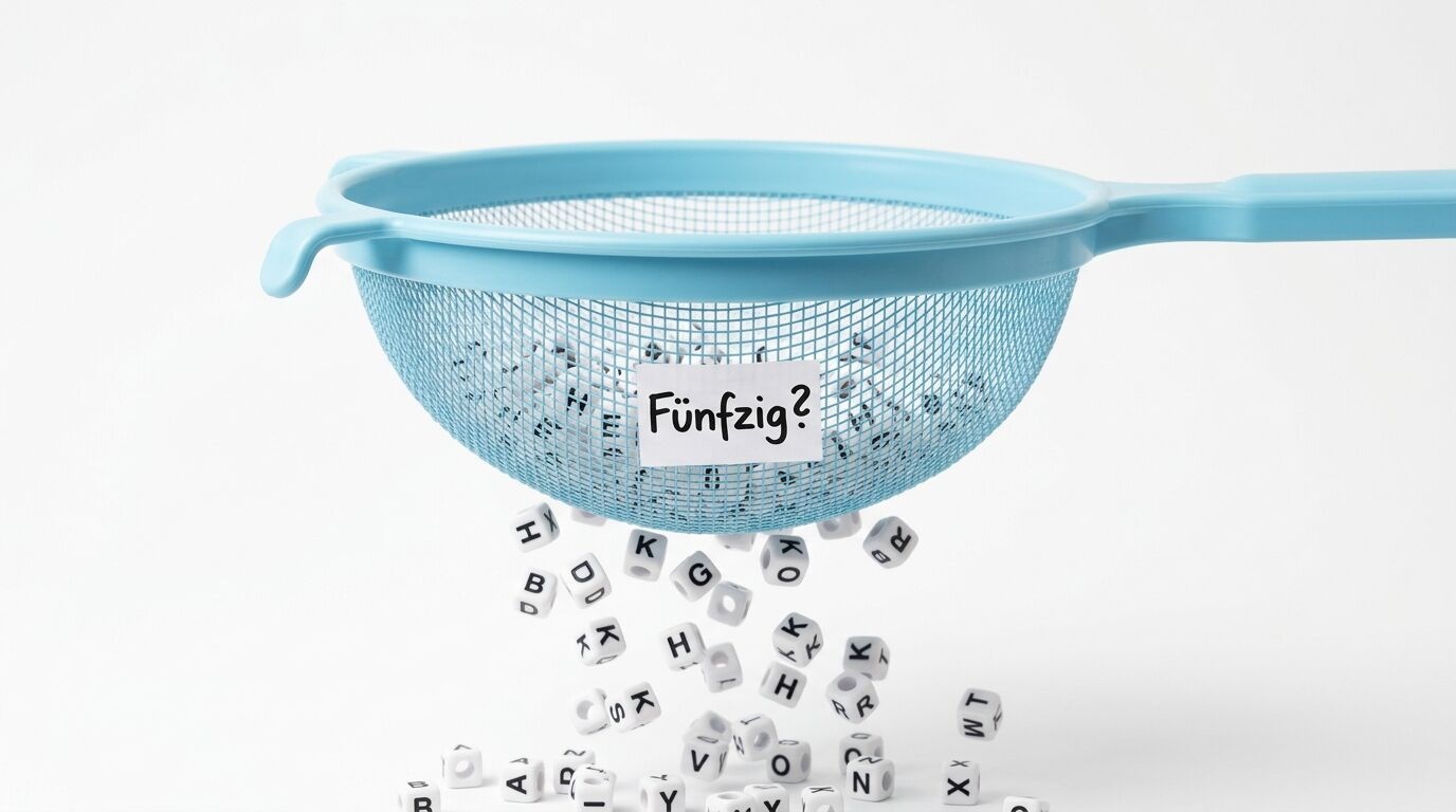 Ein hellblaues Sieb mit dem Wort „Fünfzig?“ auf einem Zettel und fallenden Buchstaben-Würfeln