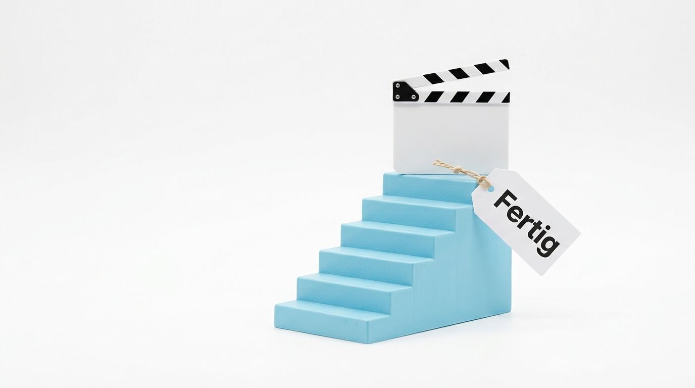 Blaue Treppe, Filmklappe und Etikett mit Aufschrift „Fertig“