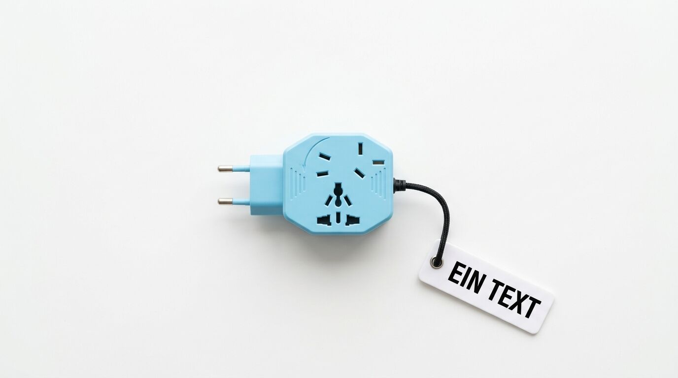 Blauer Steckdoseadapter mit weißem Etikett und schwarzem Text auf weißem Hintergrund