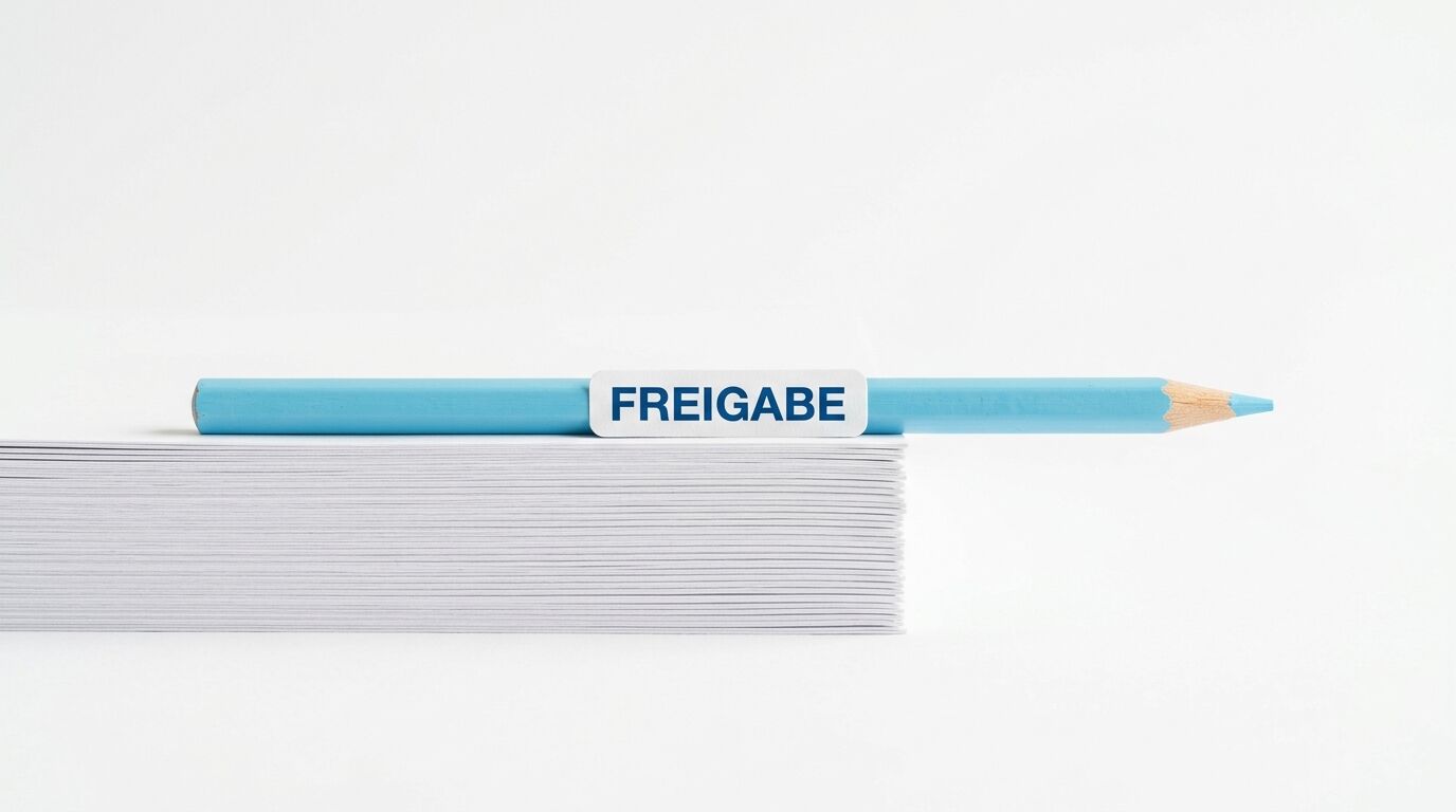 Blauer Buntstift auf einem Stapel Papier. Um den Stift ist ein Etikett mit der Aufschrift „FREIGABE“ gewickelt. Der Stift liegt horizontal, mit der Spitze nach rechts. Der Hintergrund ist weiß
