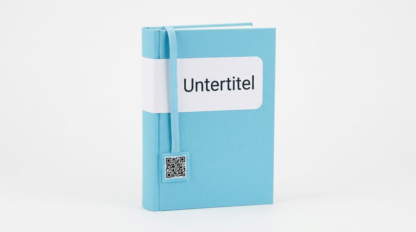 Blaues Buch mit Banderole, Aufschrift „Untertitel“ und QR-Code-Lesezeichen