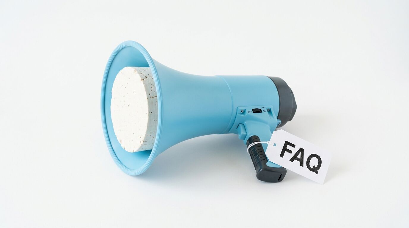Blaues Megafon mit Korken im Trichter und FAQ-Schild am Griff auf weißem Grund