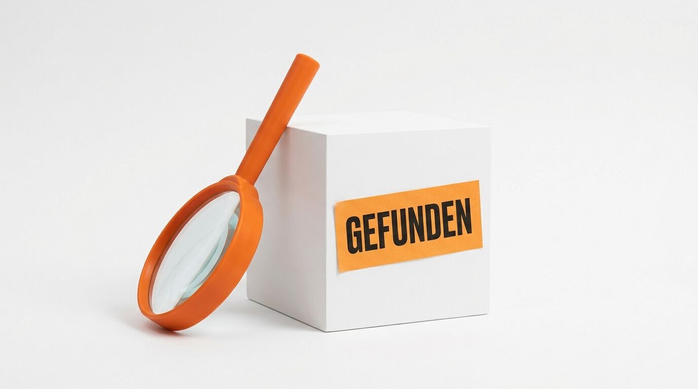 Orangene Lupe lehnt an weißem Würfel mit orangefarbenem Aufkleber „GEFUNDEN“
