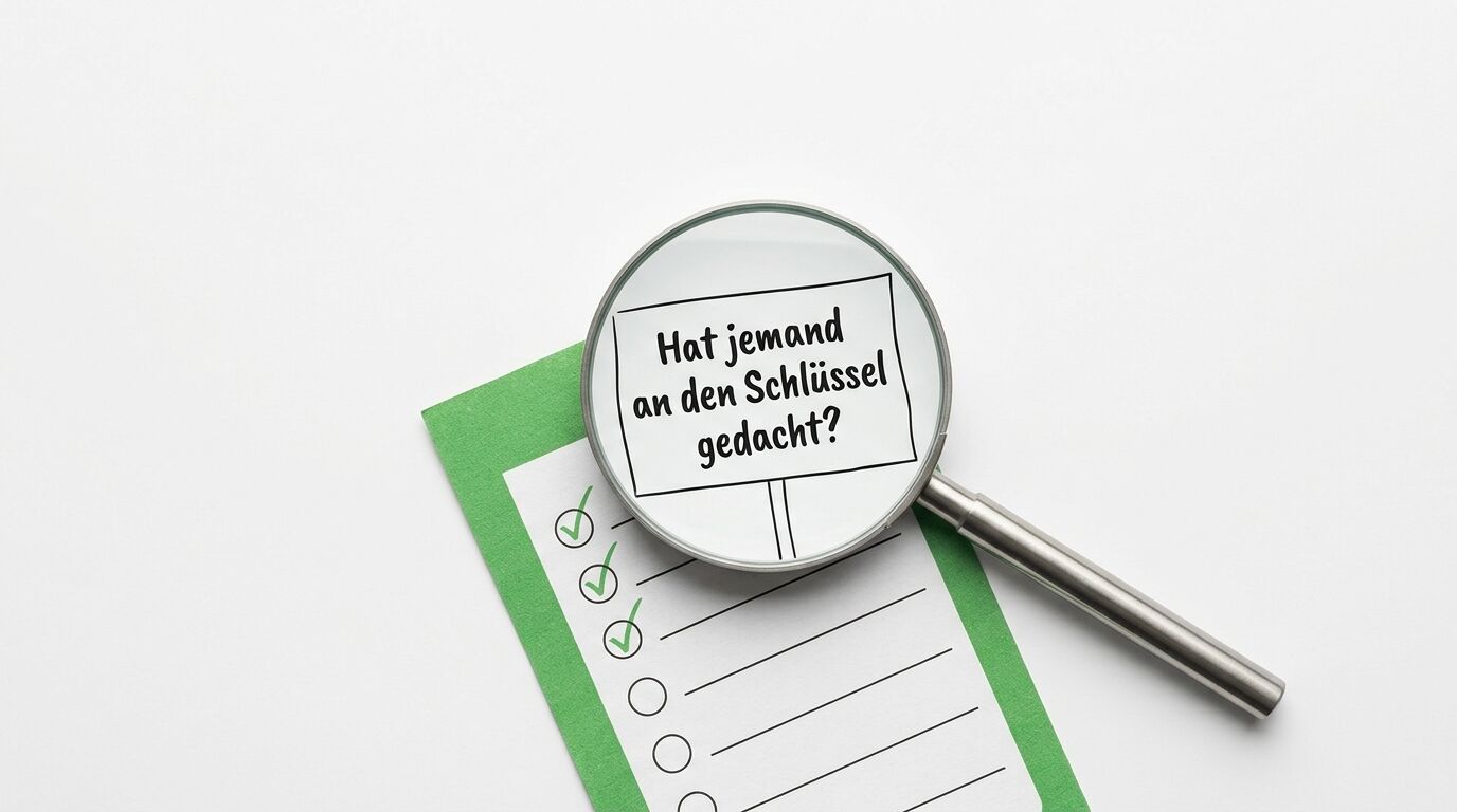 Lupe über Checkliste mit grünem Rahmen zeigt Text "Hat jemand an den Schlüssel gedacht?"