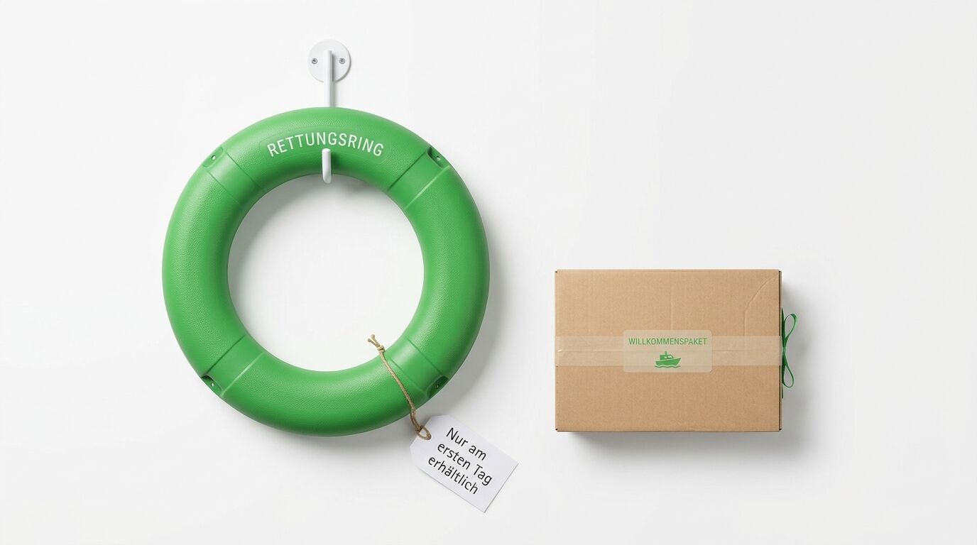 Grüner Rettungsring mit Aufschrift und Kartonbox mit Willkommenspaket auf weißem Hintergrund