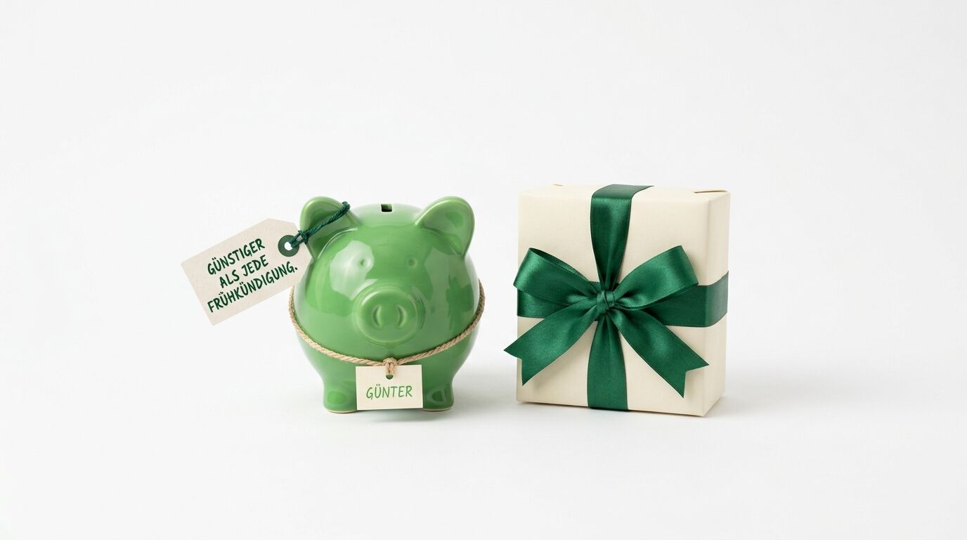 Grünes Sparschwein mit Namensschild und Geschenkbox mit grüner Schleife auf weißem Hintergrund