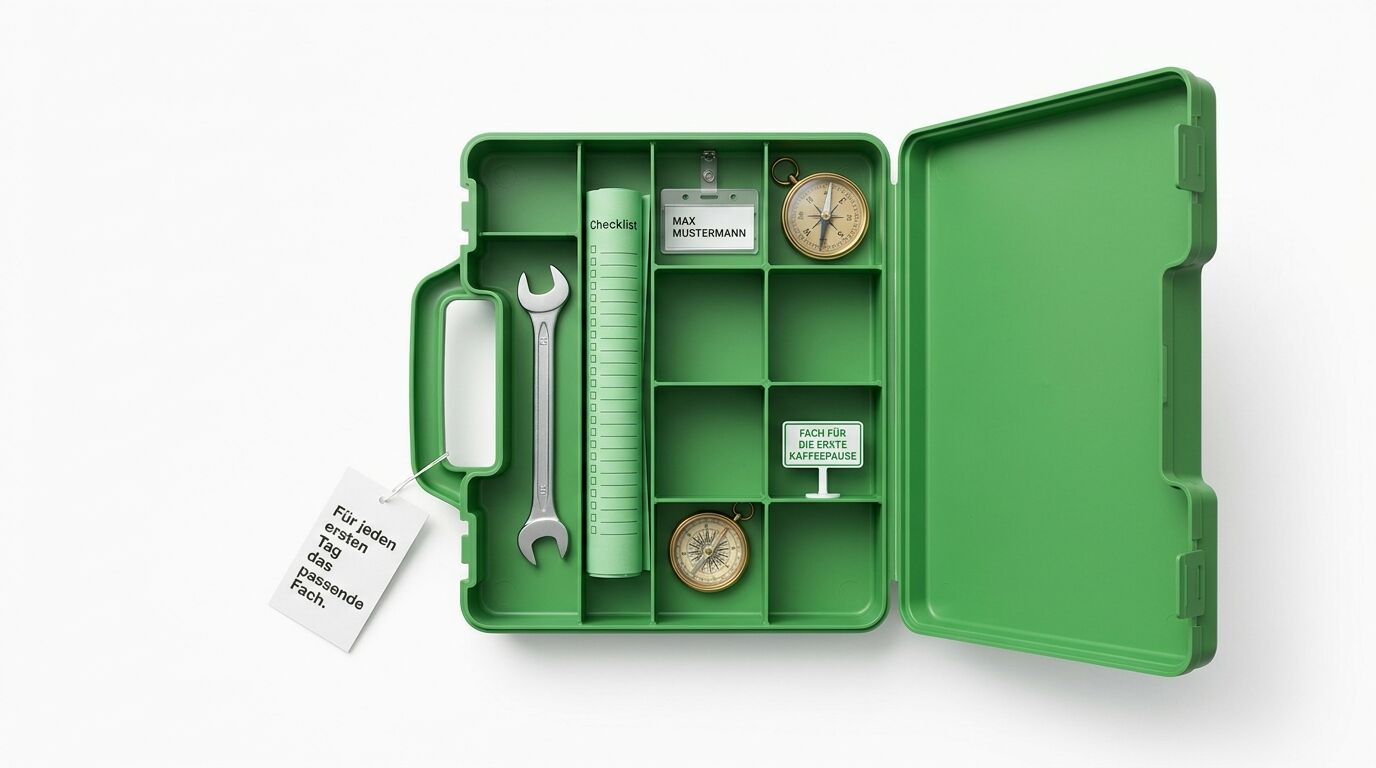 Grüner Werkzeugkasten mit Kompass, Schraubenschlüssel, Checkliste und Notizzetteln als humorvolle Geschenkbox