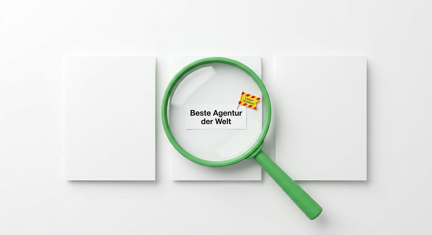 Grüne Lupe mit Text "Beste Agentur der Welt" und Auszeichnungssiegel auf weißem Hintergrund