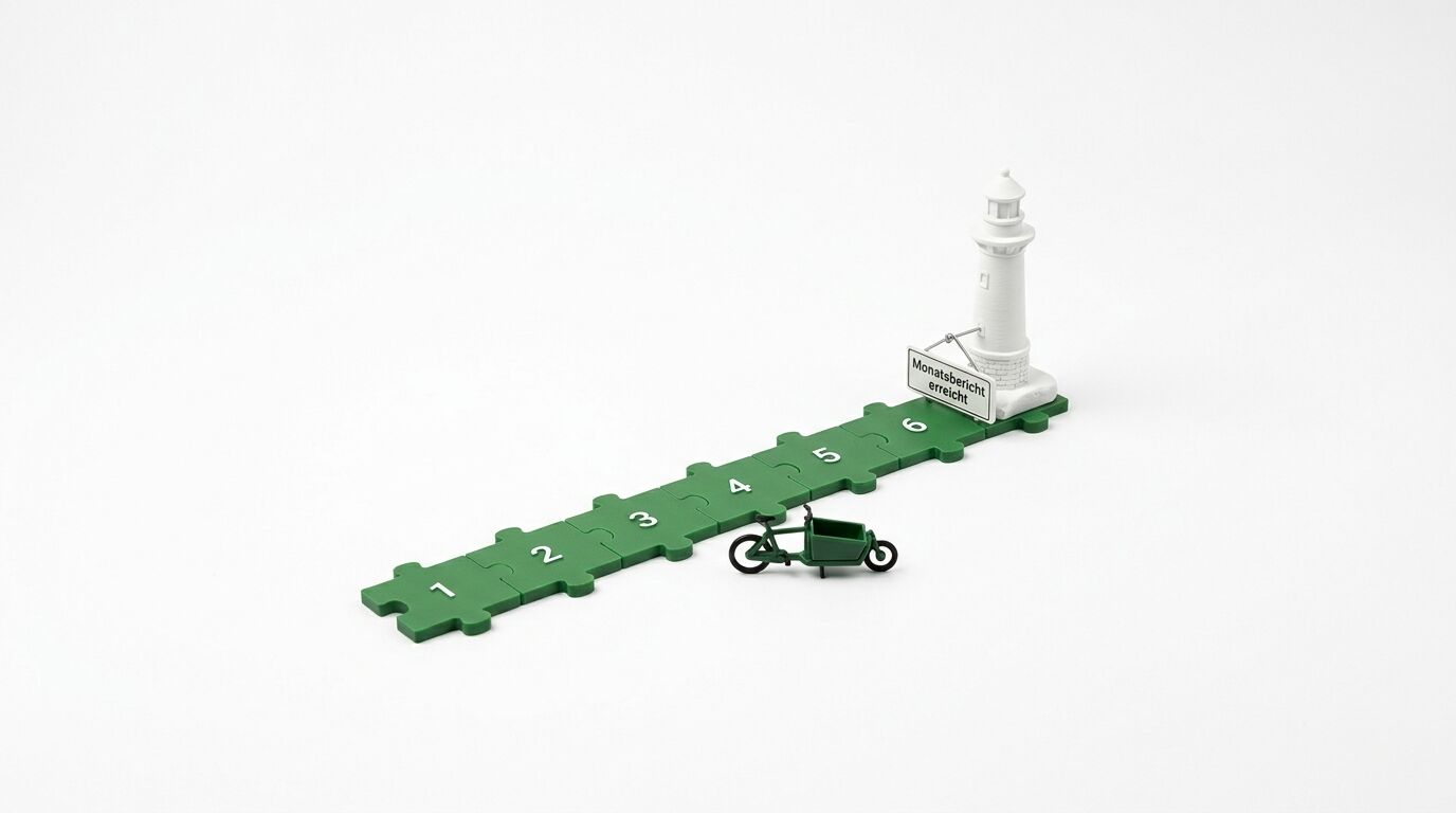 Isometrische Illustration: Grüne Zahlenskala 1-6 mit E-Bike, Leuchtturm und Schild "Monatsbericht errecht"