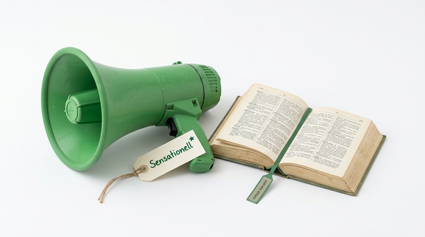 Grüner Megafon neben offenem Buch mit Lesezeichen und Etikett "Sensationell" auf weißem Hintergrund