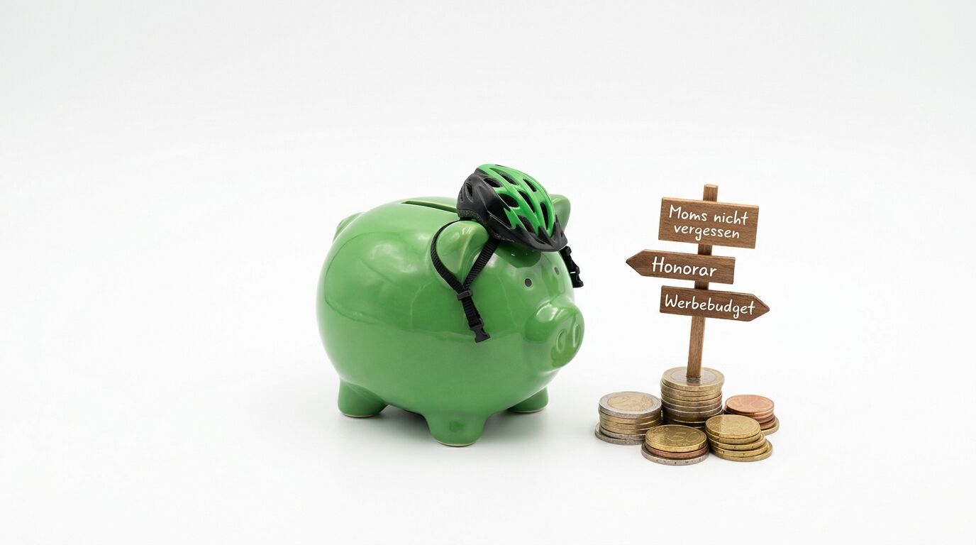 Grünes Sparschwein mit Fahrradhelm neben Münzstapeln und Wegweiser mit deutschen Beschriftungen