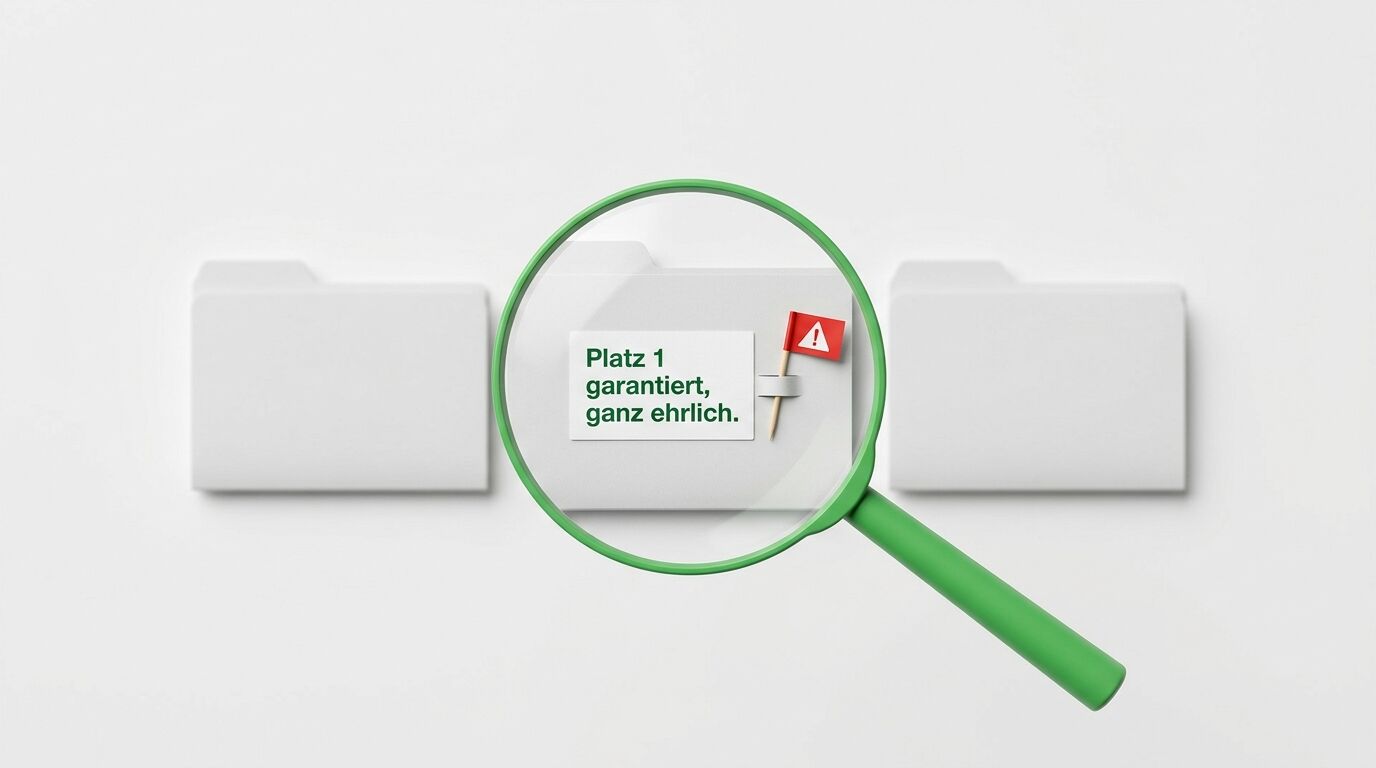 Eine Lupe zeigt eine Datei mit Text "Platz 1 garantiert, ganz ehrlich" und einer roten Warnflagge