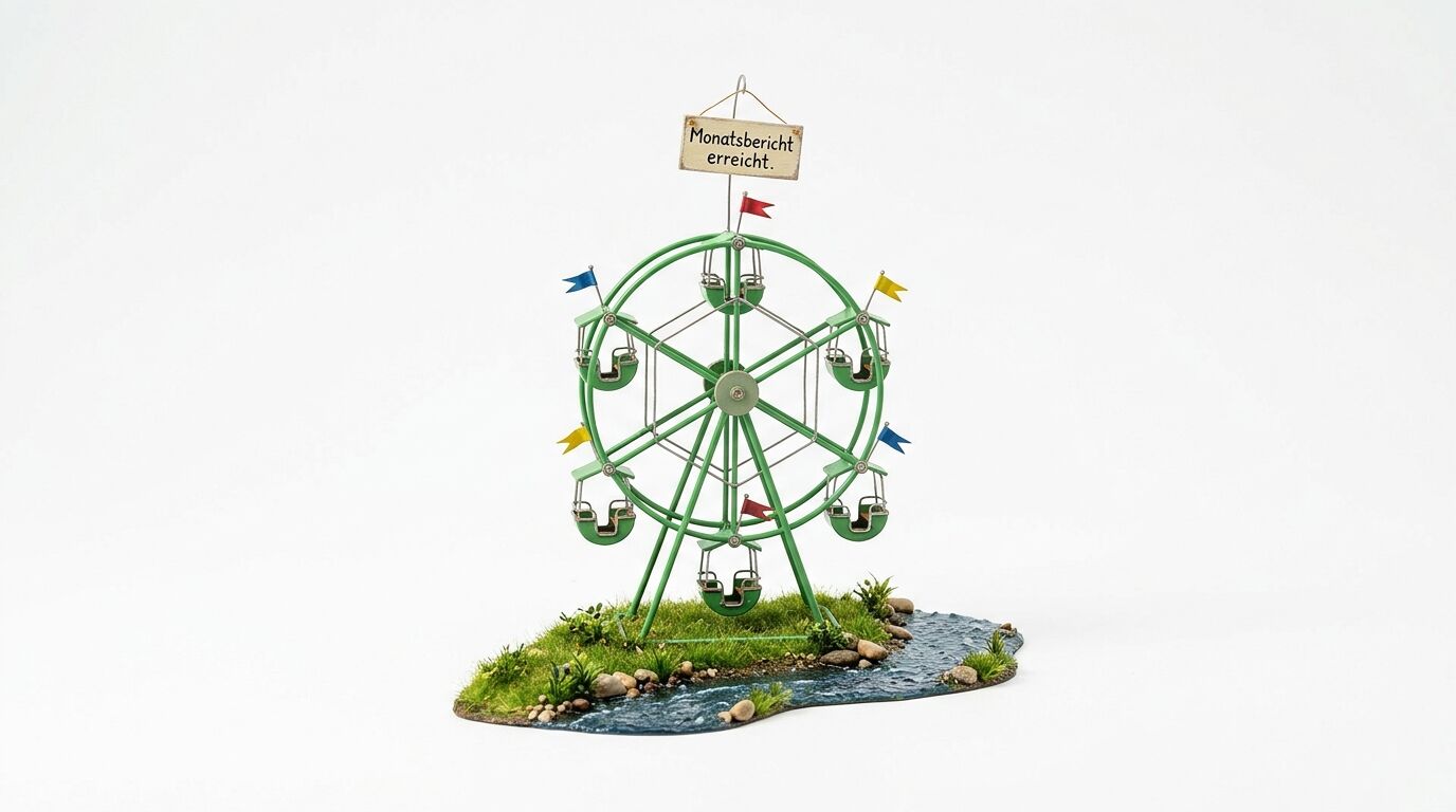 Grünes Riesenrad mit Gondeln, bunten Flaggen und Schild "Monatsbericht erreicht" auf grüner Wiese mit Bach