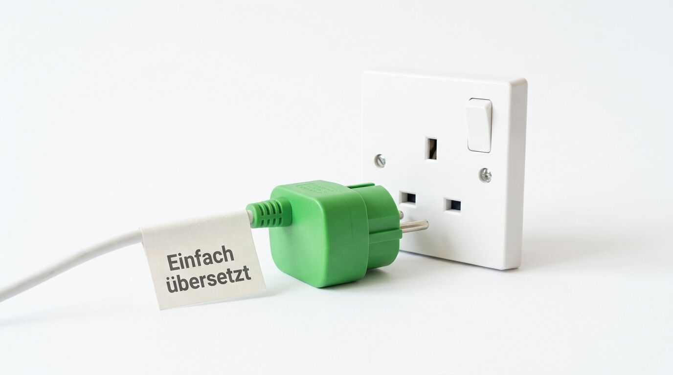 Grüner Stecker mit Label "Einfach übersetzt" in weißer Steckdose mit Schalter und USB-Anschluss