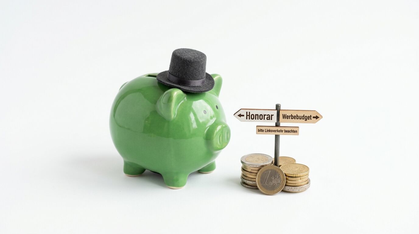 Grünes Sparschwein mit Zylinder neben Münzstapel und Wegweiser mit "Honorar" und "Werbebudget"